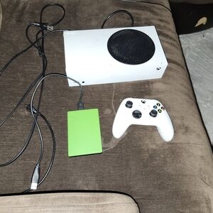 White Gaming Console with Controller and Green Hard Drive